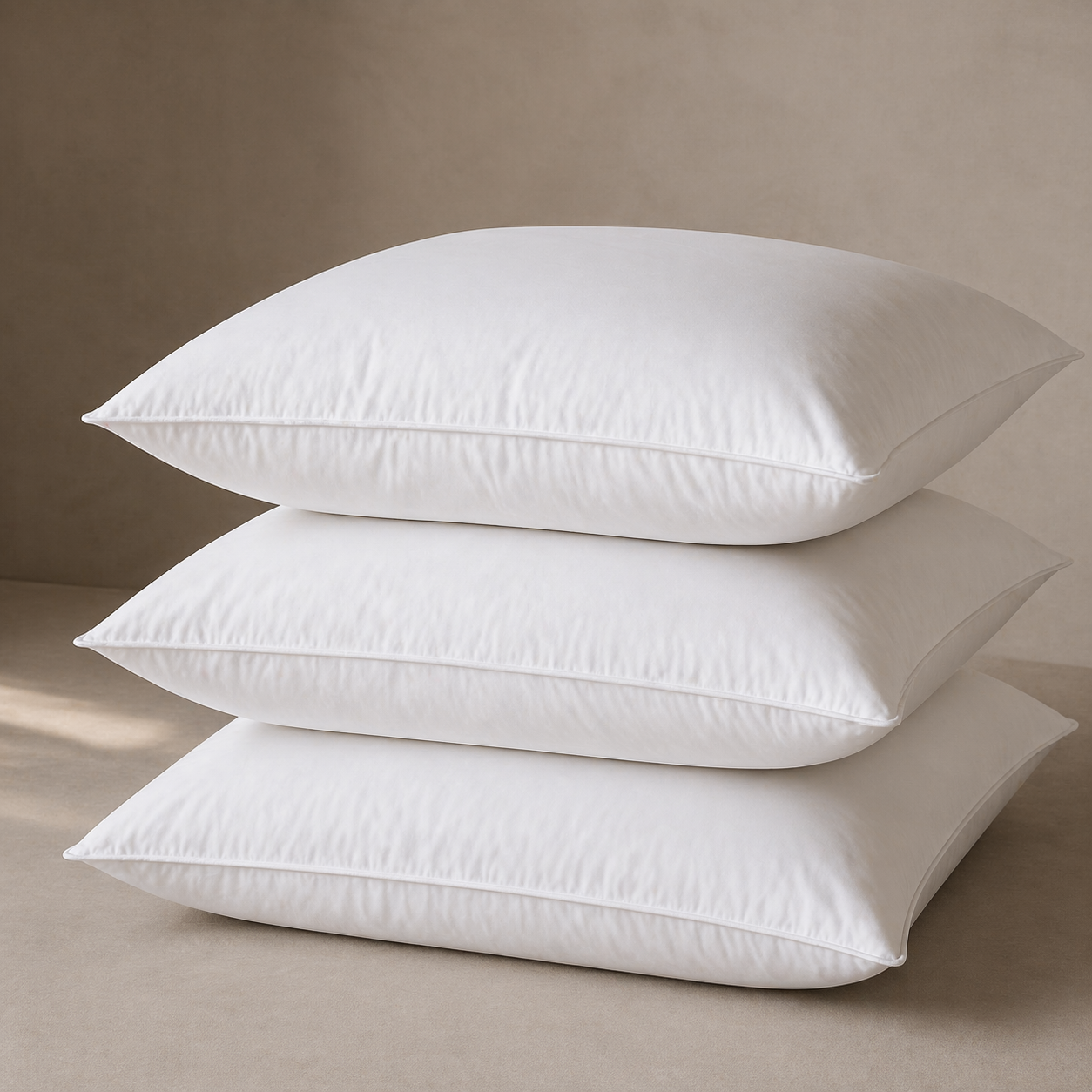 Stacked white hotel pillows