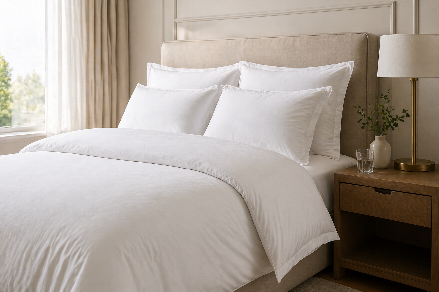 Premium white bedding arranged in a warm modern bedroom