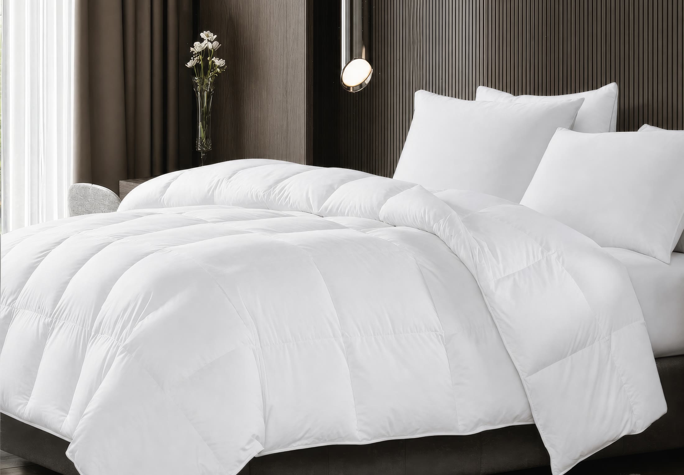 Premium white bedding arranged in a warm modern bedroom
